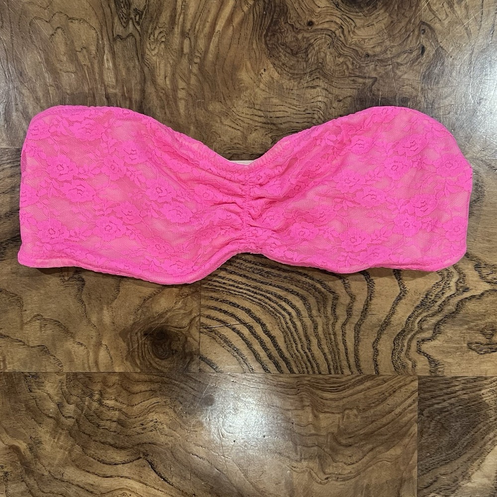 PINK Victoria's Secret Bandeau Bra Womens M Neon Pink Excellent Lace Ruched